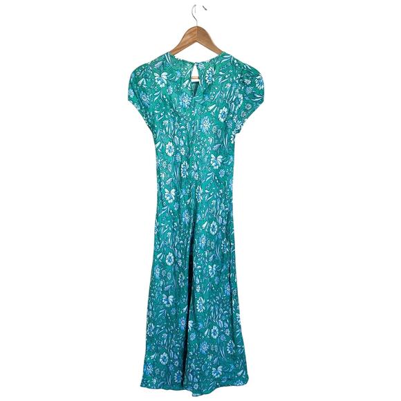 J Crew Gwyneth Cupro Blend Slip Dress Size XS Green Marigold Blooms Short Sleeve - Picture 3 of 9